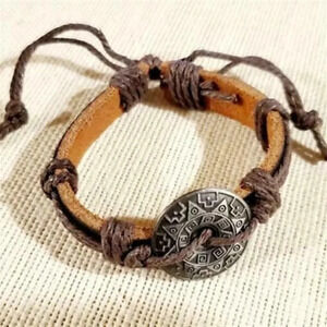 Handmade Brown Black Aztec Tribal Sun Leather Silver Pewter Adjustable Bracelet
